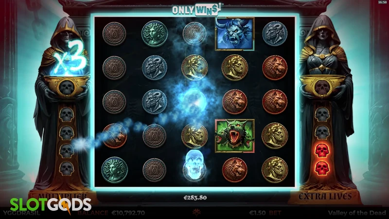 A screenshot of Valley of the Dead slot feature gameplay