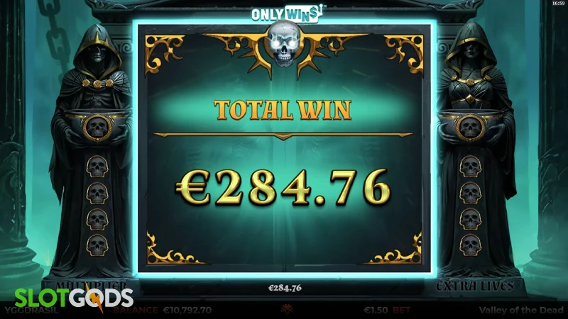 A screenshot of a big feature win in Valley of the Dead slot