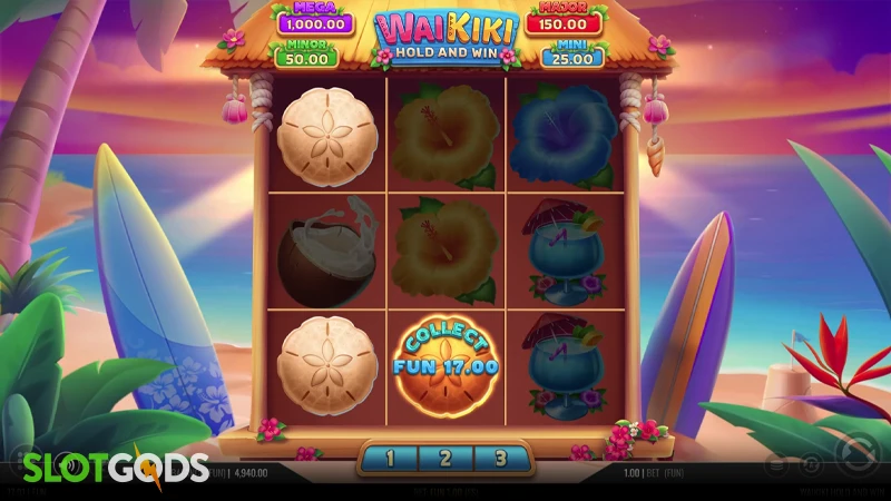 A screenshot of WaiKiki Hold &amp; Win slot feature gameplay