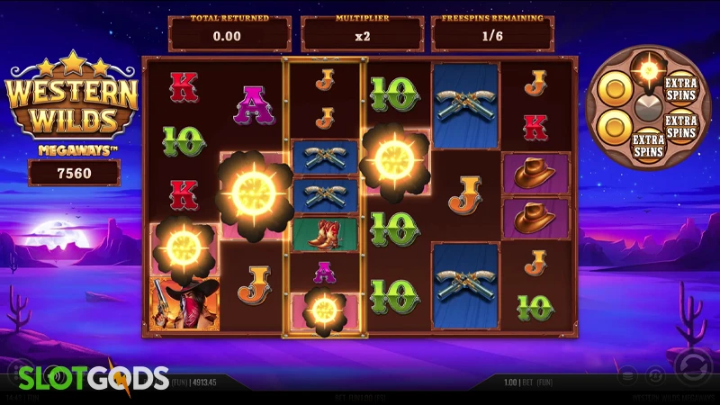 A screenshot of Western Wilds Megaways slot feature gameplay