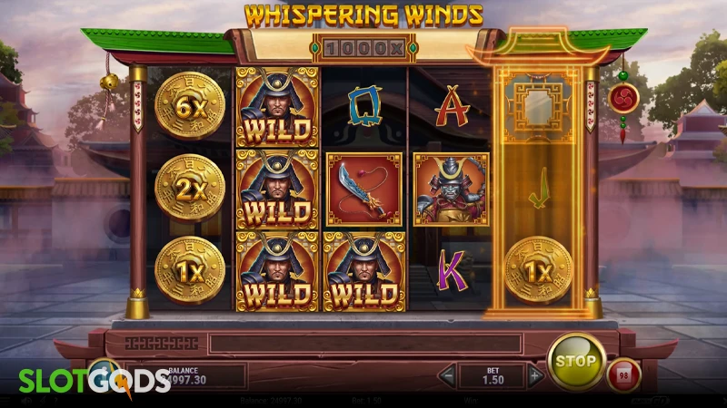 A screenshot of Whispering Winds slot gameplay