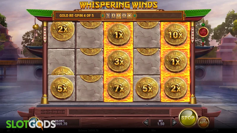 A screenshot of Whispering Winds slot feature gameplay