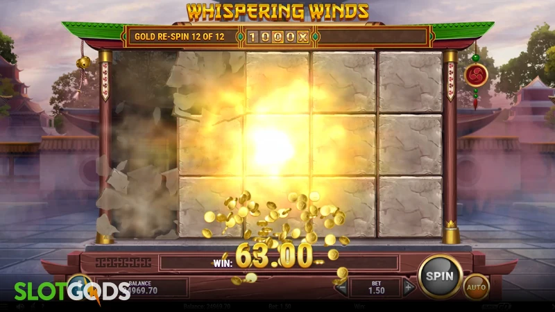 A screenshot of a bonus win in Whispering Winds slot