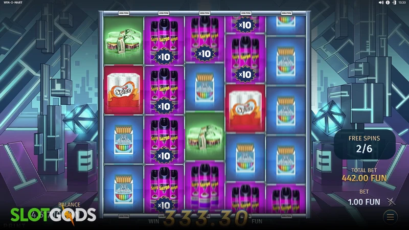 A screenshot of Win-o-Mart slot feature gameplay