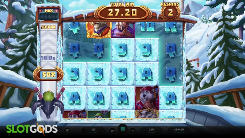 A screenshot of Winter Champions slot ski jump feature gameplay