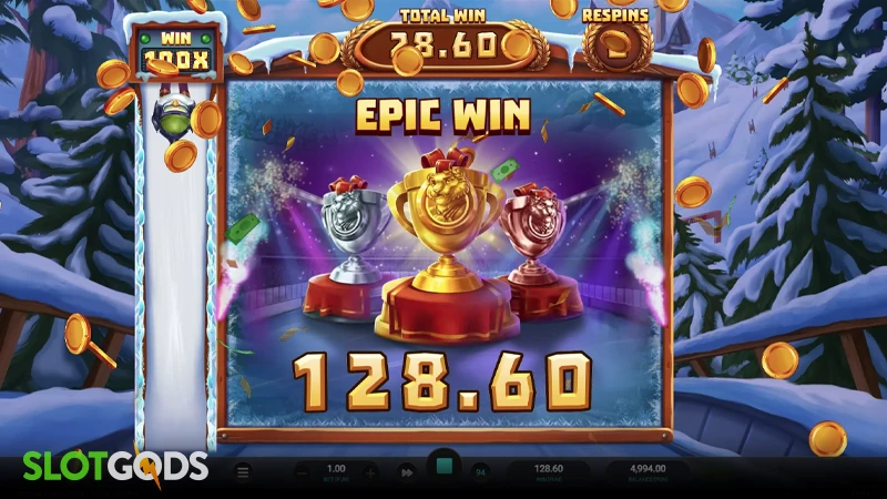 A screenshot of a big win in Winter Champions slot