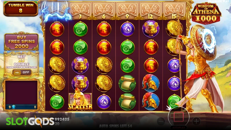 A screenshot of Wisdom of Athena 1000 slot gameplay