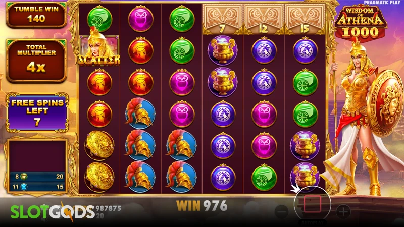 A screenshot of Wisdom of Athena 1000 slot feature gameplay