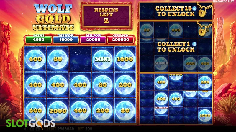 A screenshot of Wolf Gold Ultimate slot respins gameplay