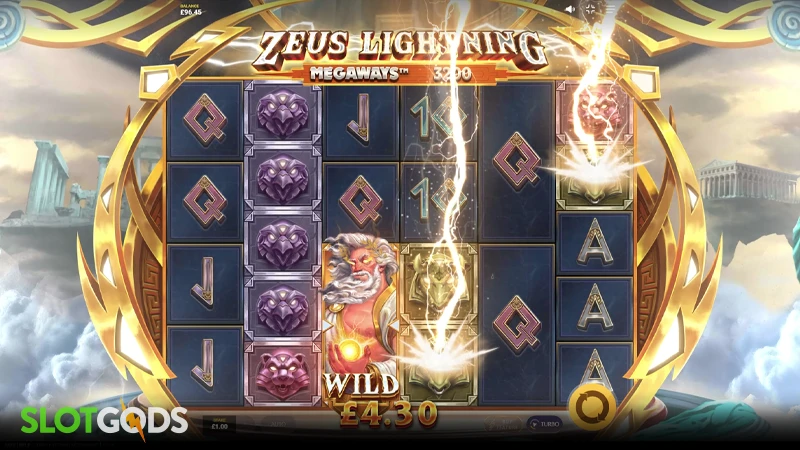 A screenshot of Zeus Lightning Megaways slot gameplay