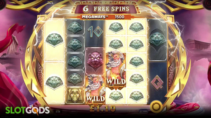 A screenshot of Zeus Lightning Megaways slot free spins gameplay