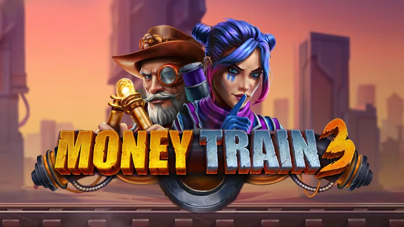 Money Train 3 Characters And Logo Against Slot Background  