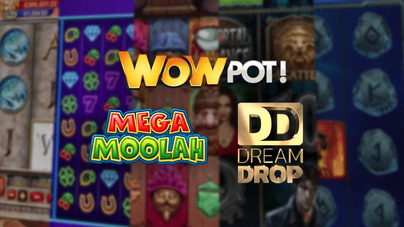 An image showcasing the logos of popular jackpots: Wowpot!, Mega Moolah, Dream Drop