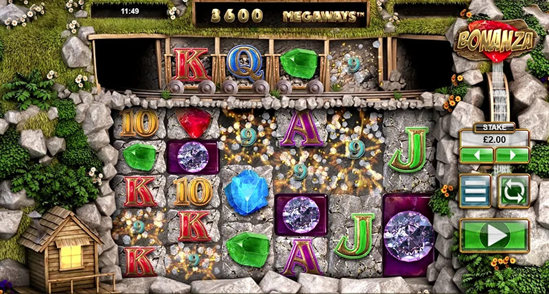 A screenshot of Bonanza Megaways gameplay, showcasing the Megaways mechanic