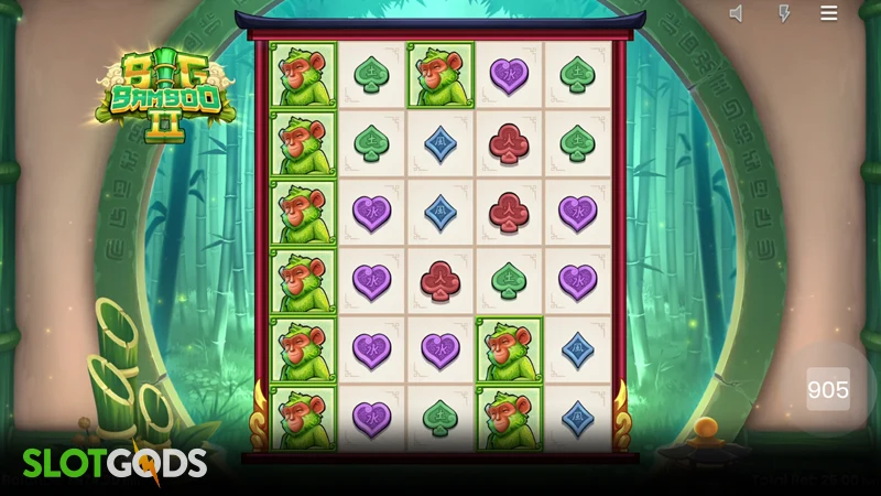 Screenshot des Big Bamboo Slot Spielbildschirms im Demo-Modus, Symbole und Bedienelemente